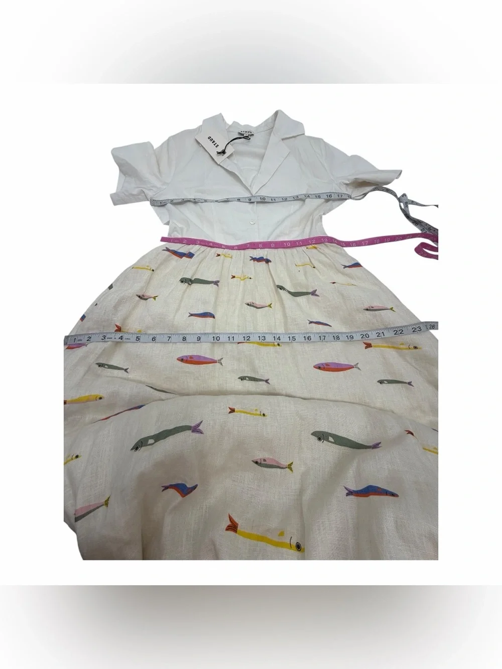 STAUD White 100% Linen Fish Print Maxi Shirt Dress Size S NWT Coastal Resort - Picture 7 of 12